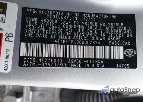 2012 Toyota Camry Le из США, поврежденный, VIN 4T1BF1FK0CU007674